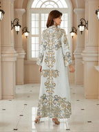 Middle Eastern Women's New Fabric Printed Embellished Dress, Arabic Long Robe Evening Gown Abayas Full Beaded Jalabiya, Abayas For Eid