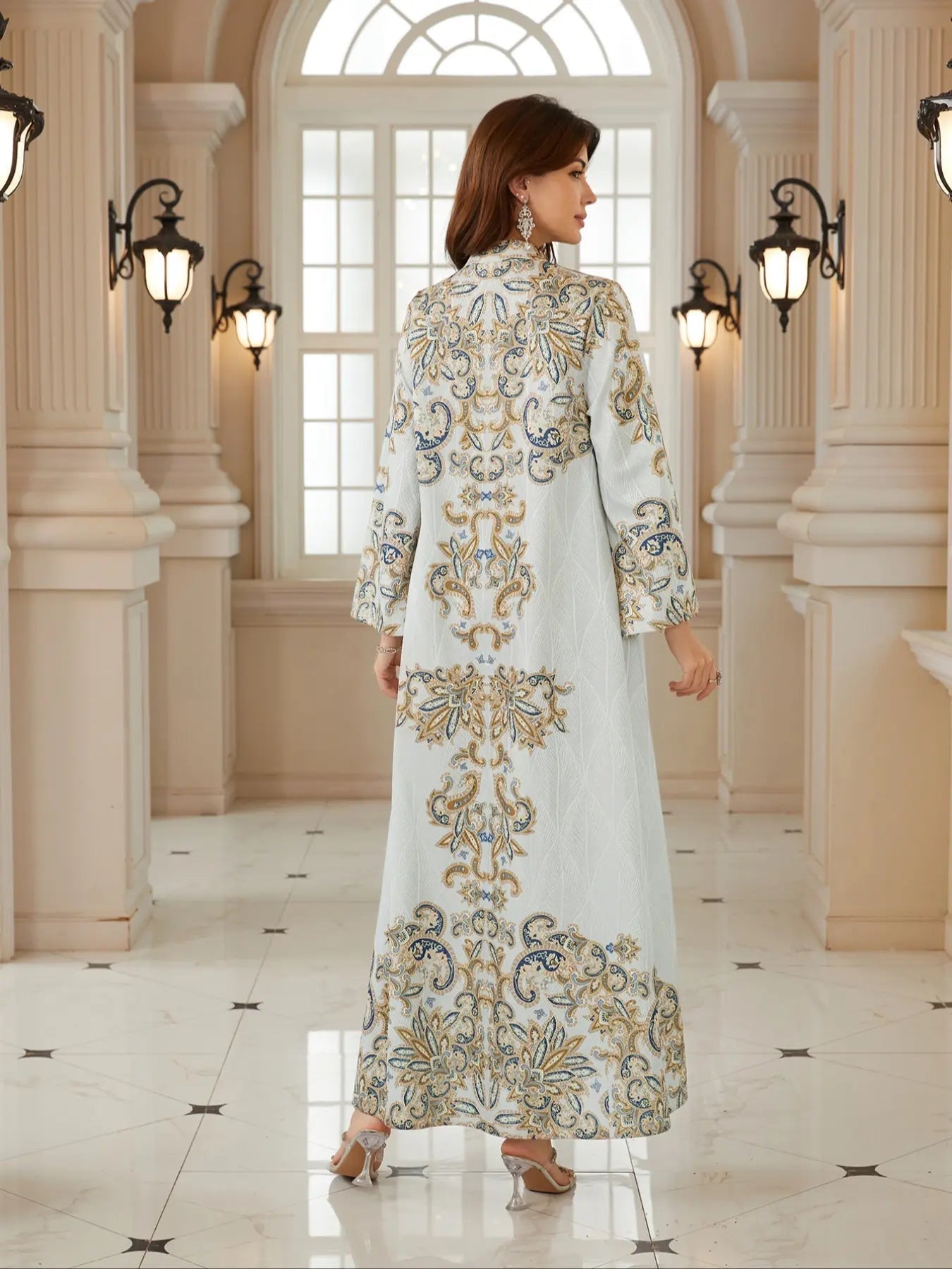 Middle Eastern Women's New Fabric Printed Embellished Dress, Arabic Long Robe Evening Gown Abayas Full Beaded Jalabiya, Abayas For Eid