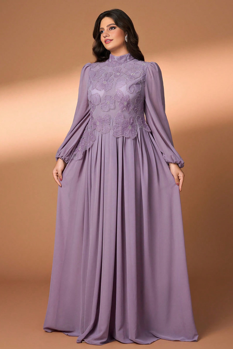 Curveins Plus Size High Collar Long Sleeve Beaded Floral Detail Elegant Maxi Dress