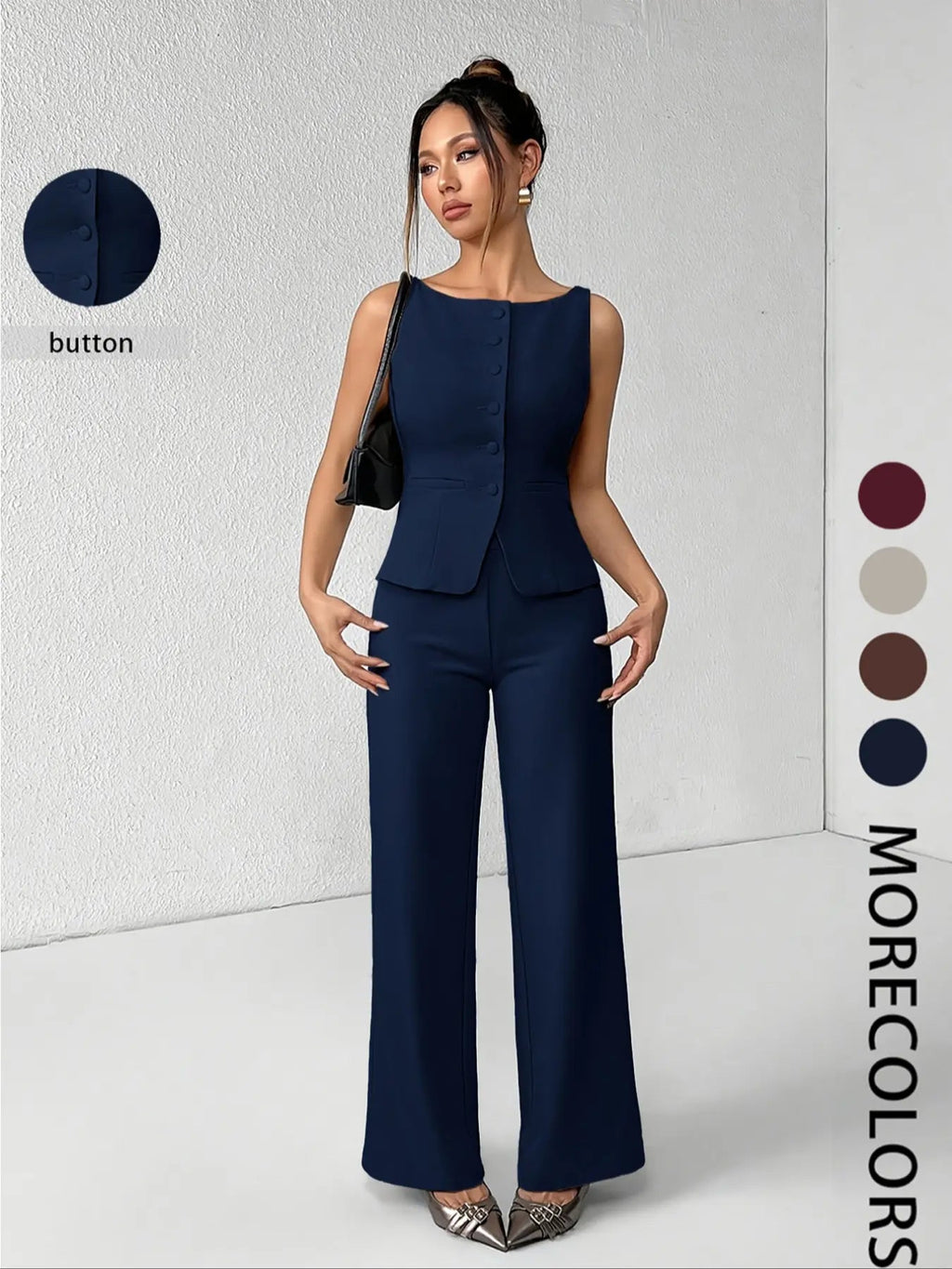 Women's Solid Button Front Sleeveless Tank Top & Wide Leg Pants Set, Casual Elegant Chic Minimalist Fashion Two-piece Set for Summer, Women's Clothing for Daily Wear, Suits, Office Siren Outfits, Casual Matching Set, Corporate Outfits Women