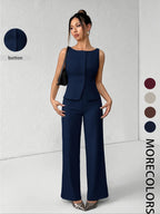 Women's Solid Button Front Sleeveless Tank Top & Wide Leg Pants Set, Casual Elegant Chic Minimalist Fashion Two-piece Set for Summer, Women's Clothing for Daily Wear, Suits, Office Siren Outfits, Casual Matching Set, Corporate Outfits Women
