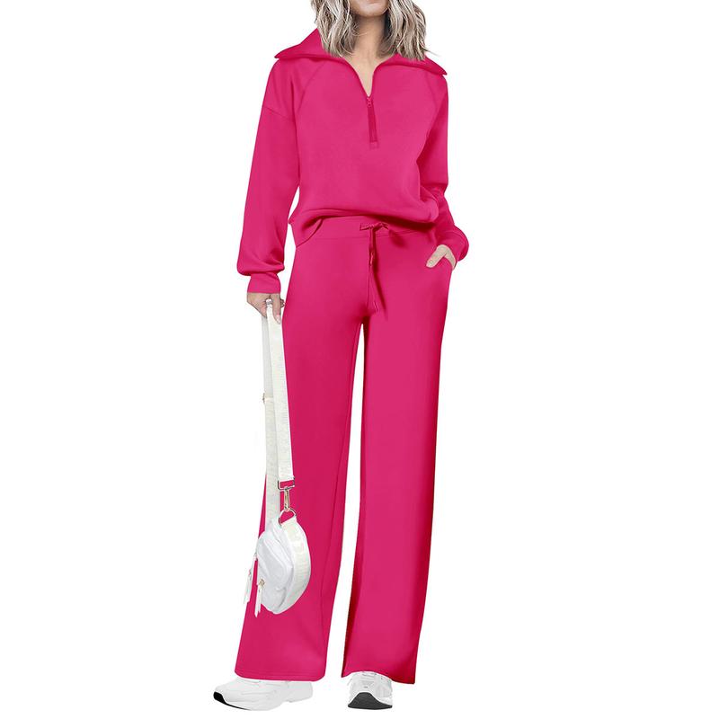Women's Casual 2-Piece Sweatsuit Set - Half Zip Pullover Sweatshirt & Wide Leg Pants with Drawstring - Matching Tops & Sweatpants for Comfort