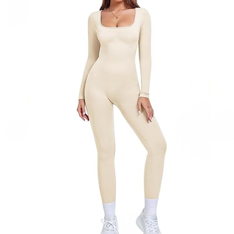 Womenswear Workout Solid Color U Neck Seamless Long Sleeve Yoga Jumpsuit,Jumpsuit for Daily Outdoor Wear,Plain Thumb Holes Sportswear