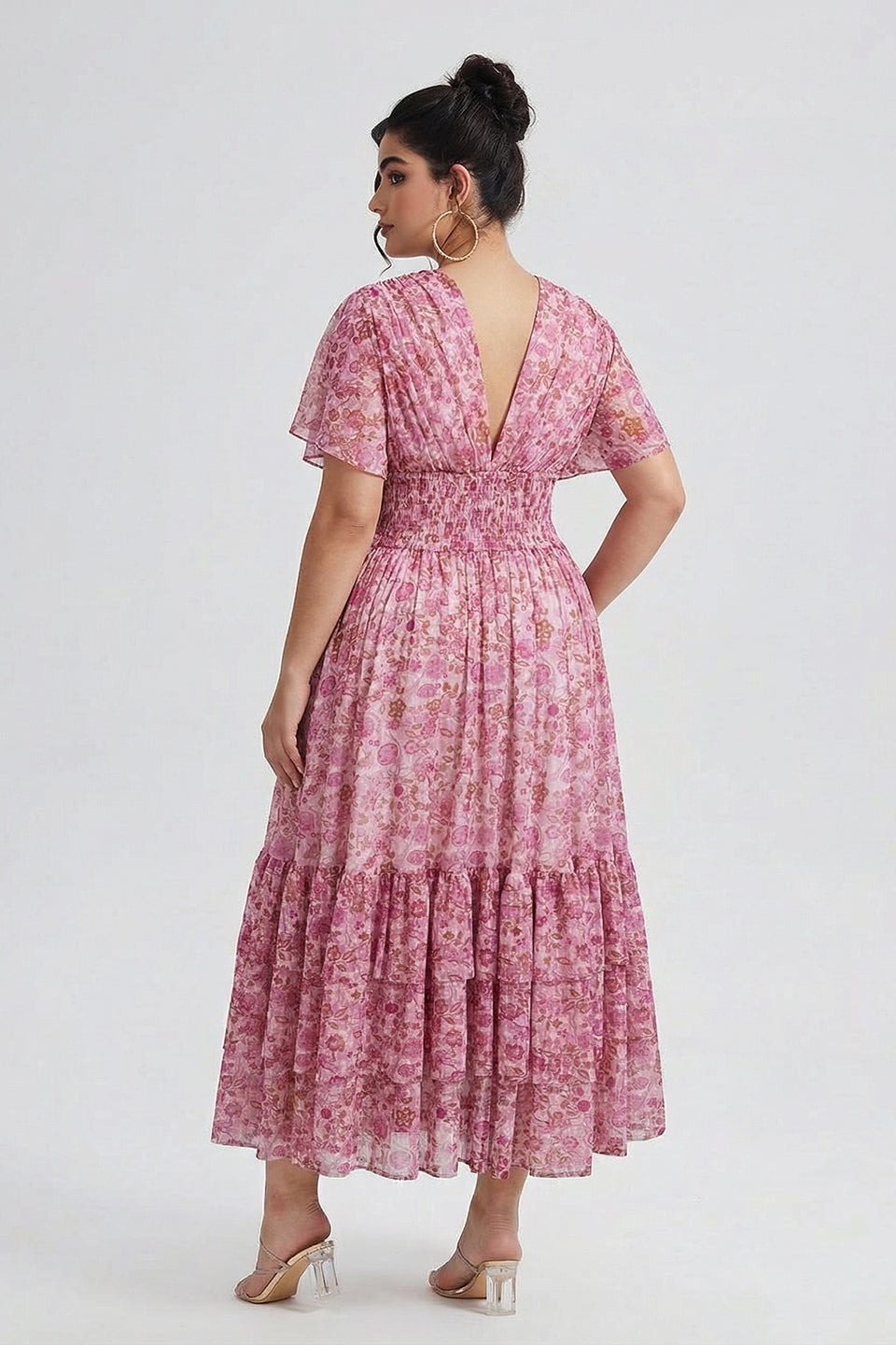 Curveins Plus Size  Floral Smocked Waist Ruffle Sleeve Maxi Dress