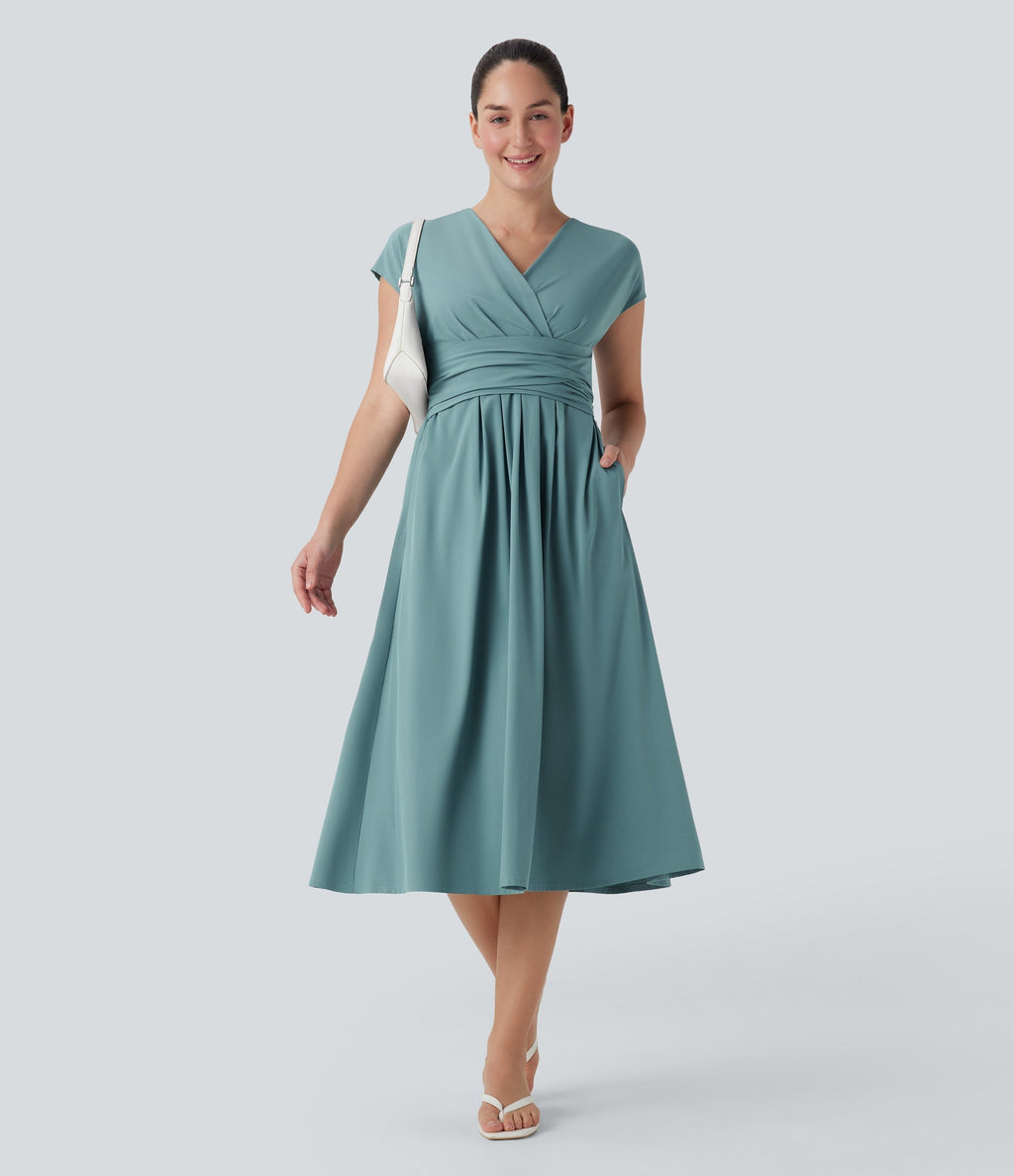 Casual midi dress, V-neck, short sleeves, side pockets, tie-back detail, quick-drying