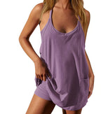 Women's Summer Sleeveless Mini Dress with Built-in Shorts V Neck Spaghetti Straps Athletic Shorts Tennis Dress with Pockets