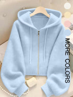 Long Sleeve Loose Knit Hoodie with Zipper Cardigan, Soft Comfortable Unique Design for Autumn & Winter Stylish Tops, Womenswear