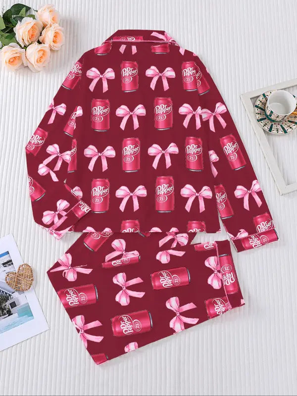 Women's Dr Pepper Pajama Set, Long Sleeve Soda Print Sleepwear, Cozy Soft Fabric Loungewear Gift for Fall and Winter