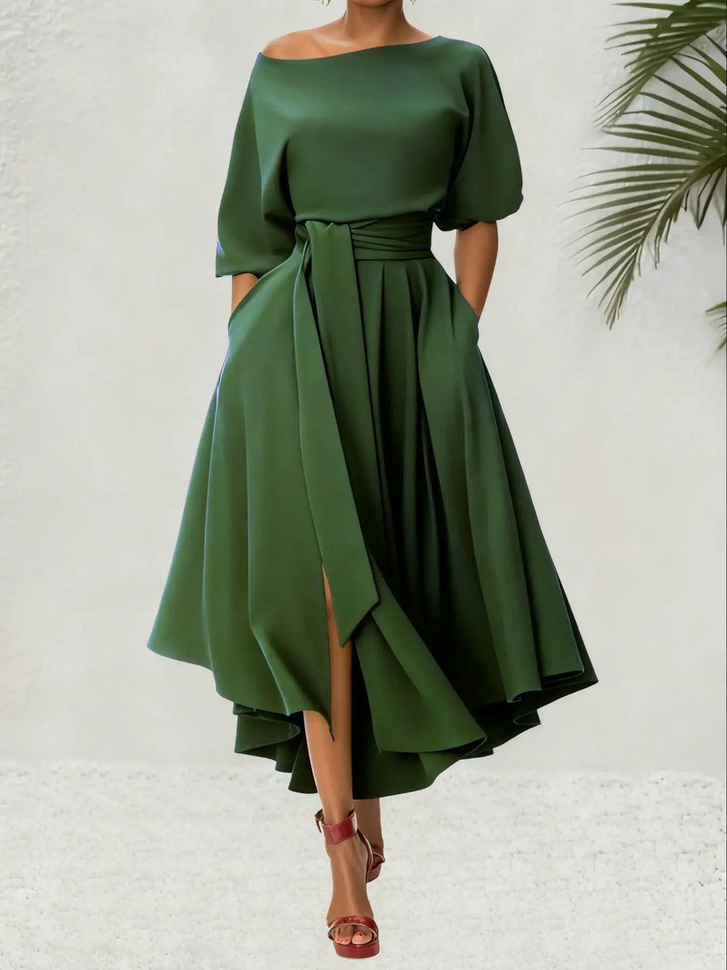 Women's Plain Belted Split Boat Neck Dress