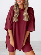 Women's Solid Color T-Shirt and Tight Shorts Set, Casual Summer Comfort Round Neck Sleepwear, Pocket Design, Outdoor Wear