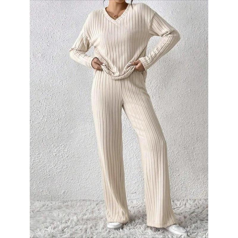 Women's Solid Drop Shoulder Pocket Lounge Set, Casual Long Sleeve V Neck Top & Straight Leg Pants Two-piece Set, Women's Sleepwear