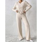 Women's Solid Drop Shoulder Pocket Lounge Set, Casual Long Sleeve V Neck Top & Straight Leg Pants Two-piece Set, Women's Sleepwear