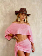 Trendy women's off-the-shoulder top and bodycon skirt set; breathable beachwear for casual vacations.