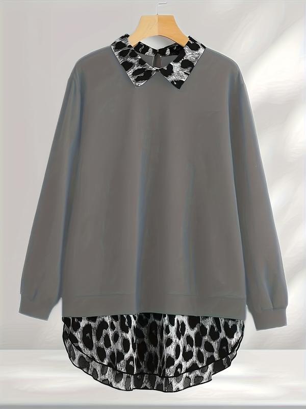 [Plus Size] Leopard Print Curved Hem Pullover Sweatshirt, Casual Long Sleeve Sweatshirt for Fall & Winter, Women's Clothing for Daily Wear