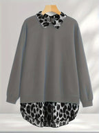 [Plus Size] Leopard Print Curved Hem Pullover Sweatshirt, Casual Long Sleeve Sweatshirt for Fall & Winter, Women's Clothing for Daily Wear