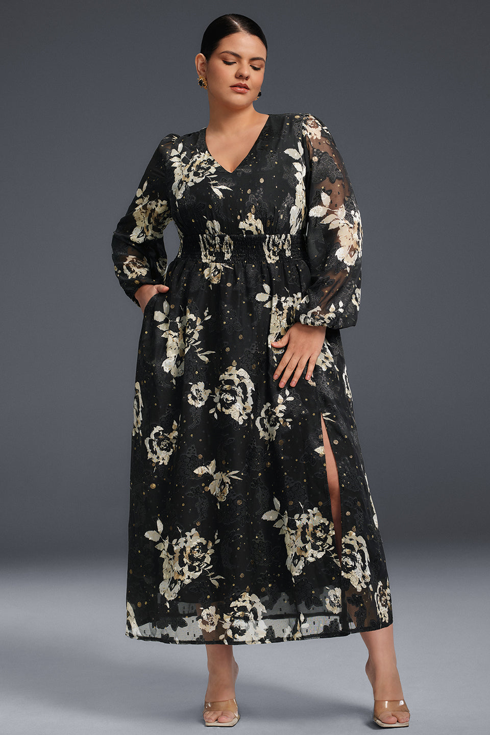 Curveins Plus Size V-Neck Long Sleeve Floral Slit Hem Maxi Dress