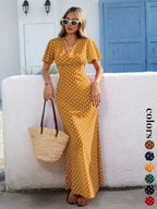 Women's Bohemian V-Neck Short Sleeve Long Dress, Casual Polka Dot Vacation Style, New European and American Fashion