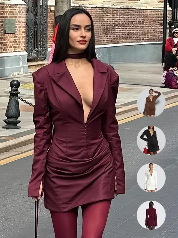 Women's Fashion Solid Color Deep V Neck Elegant Dress, Trendy Ruched Waist Design, Perfect for Spring Autumn Parties
