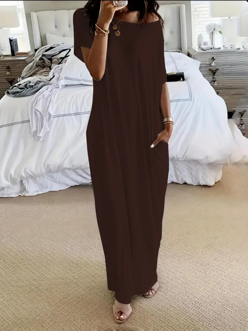 Women's Solid Color Batwing Sleeve Lounge Dress, Casual Comfy Short Sleeve Nightdress for Daily Wear, Ladies Sleepwear for All Seasons