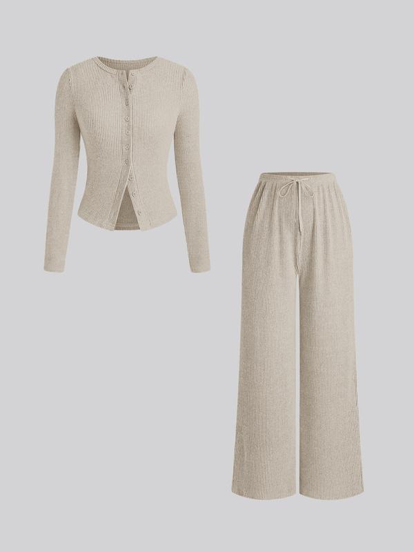 Women's Fall Winter Casual Slim-Fit Long Sleeve Round Neck Top & Pants Set, Plain Pattern Moderate Fabric, Two-Piece