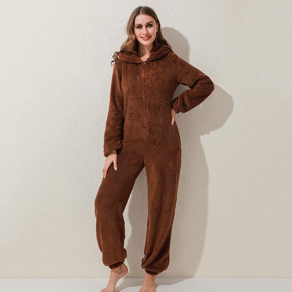 Womens Fleece Onesies Pajamas Jumpsuit Warm Sherpa Romper Sleepwear One Piece Zipper Hooded Playsuit Loungewear