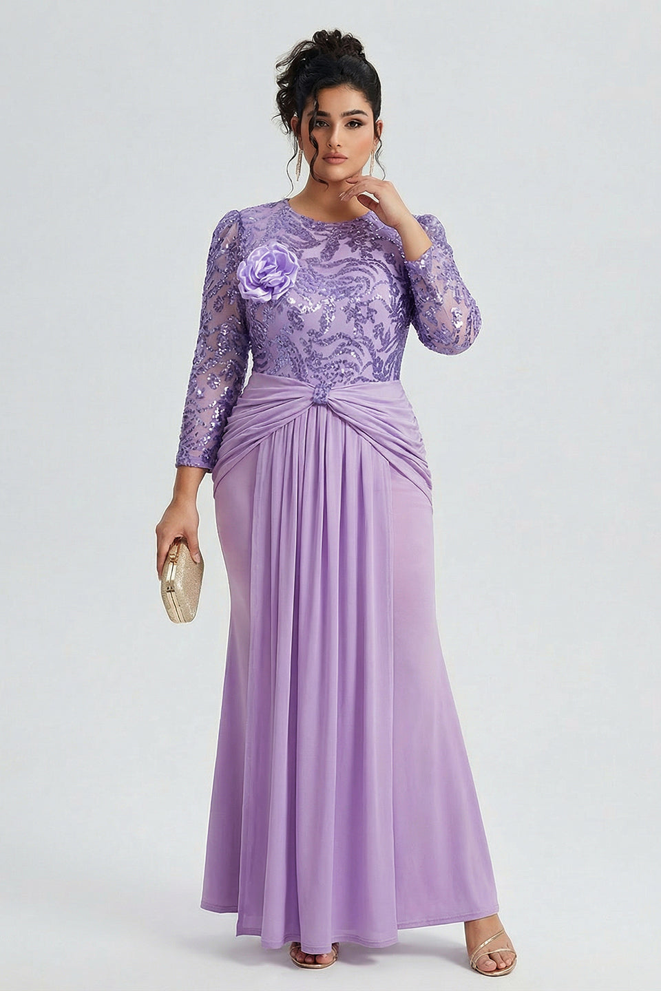 Curveins Plus Size Long Sleeve Lace Patchwork Sequin Maxi Dress with Round Neck