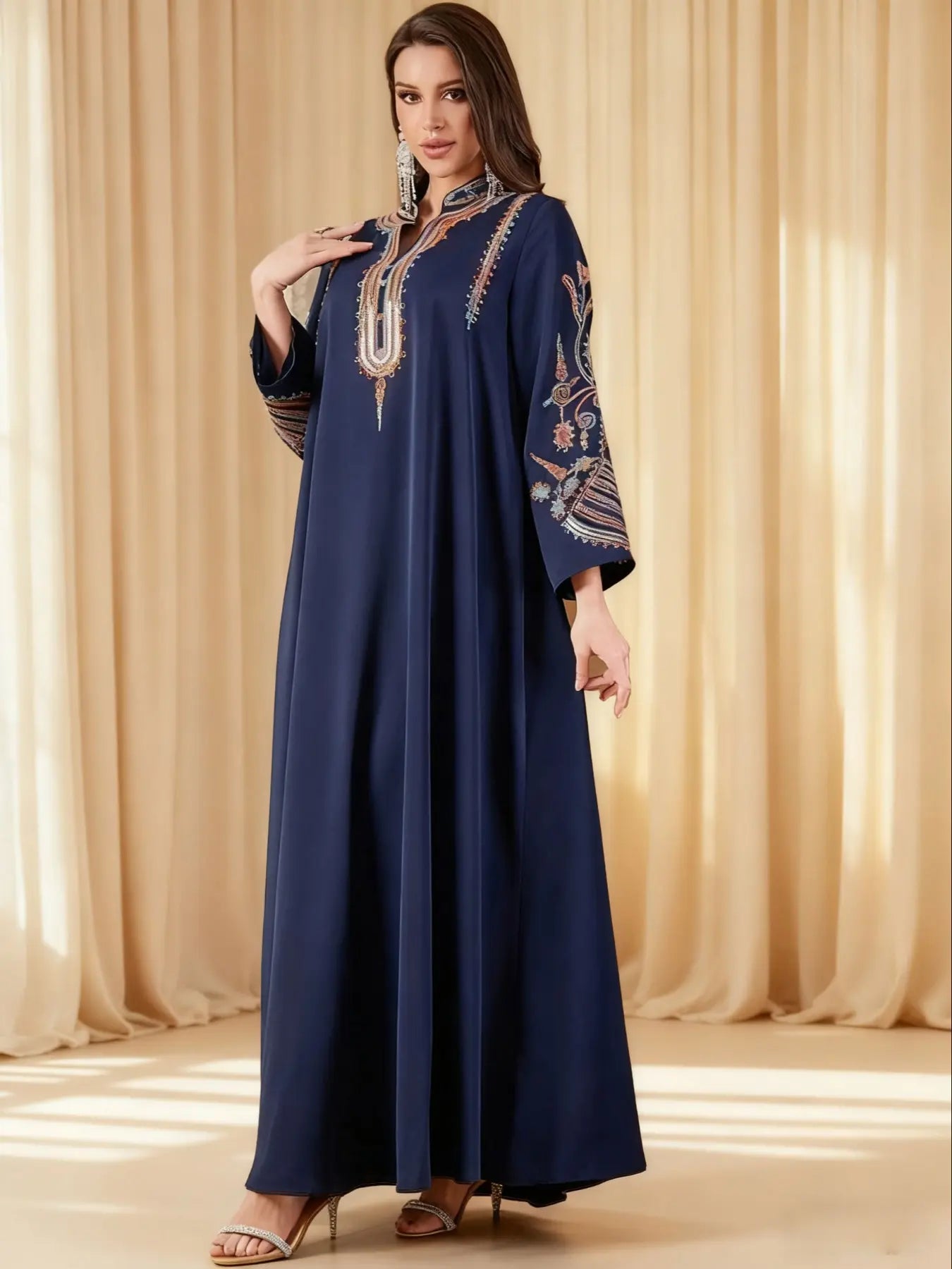 Elegant Muslim Women's Long Robe with Colorful Embroidery, Perfect for All Seasons, Stylish and Comfortable Clothing, Muslim Women Gowns