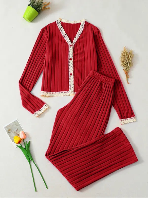 Women's V Neck Long Sleeve Pajama Set, Casual Fitted Sleepwear for All Seasons, Elegant Home Wear, 2pcs New Arrival