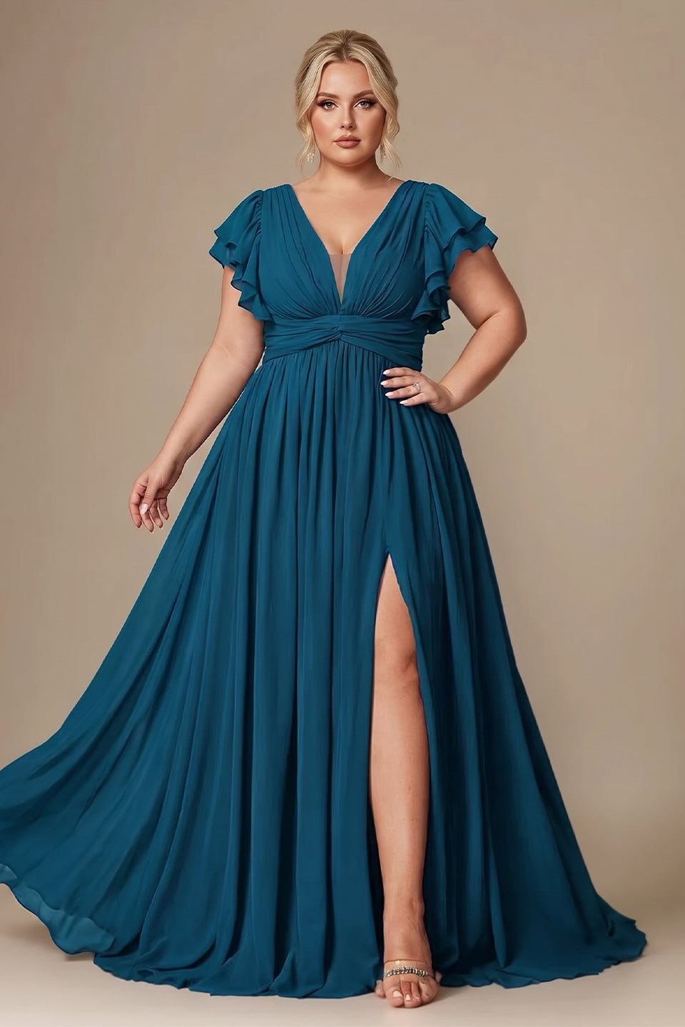 Curveins Plus Size V-Neck Ruffle Sleeve Split A-Line Maxi Dress