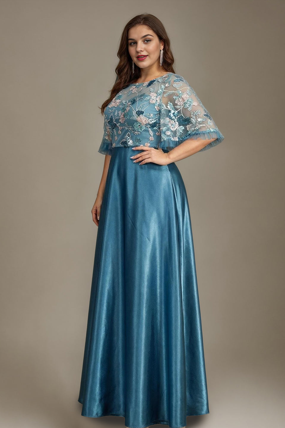 Curveins Plus Size Round Neck Batwing Sleeve Ruffle Patchwork Elegant Maxi Dress
