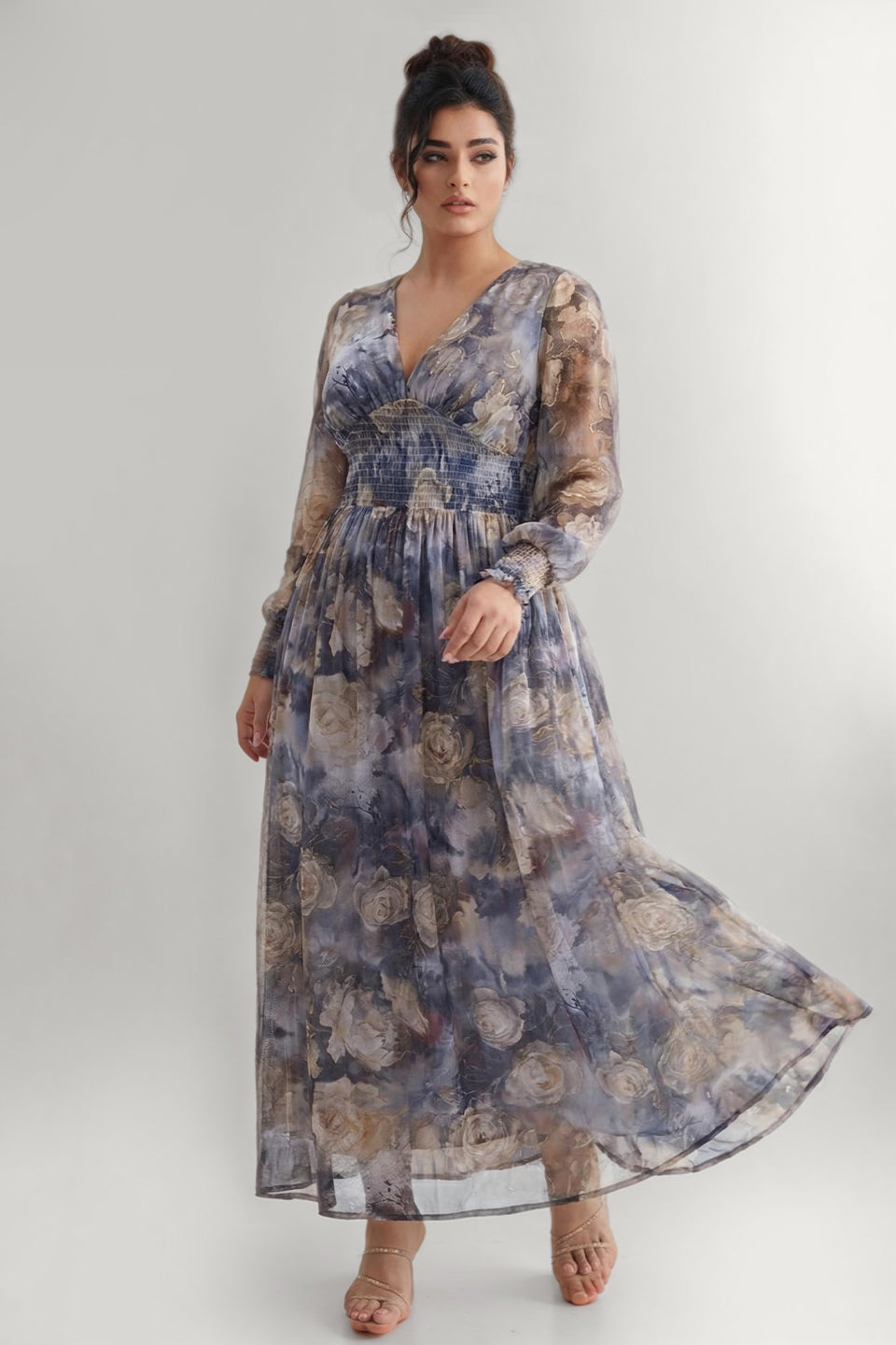 Curveins Plus Size V Neck Long Sleeve Floral Waist Maxi Dress