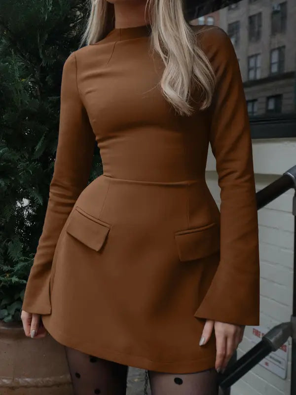 Women's Plain Split Flounce Sleeve Flap Detail A Line Dress, Elegant Long Sleeve Stand Collar Short Dress for Party Holiday Wedding Guest, Ladies Spring & Fall Clothes
