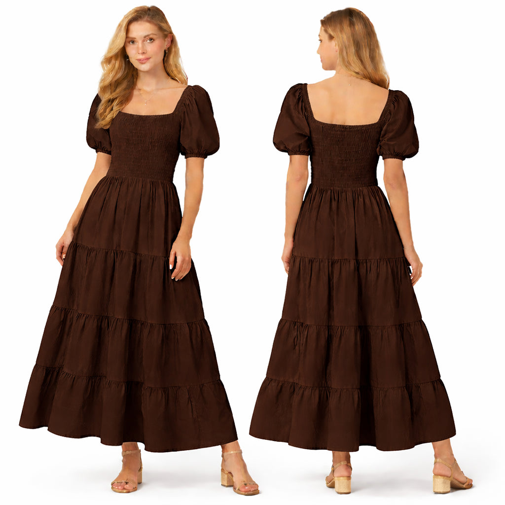 Robe longue femme smockée manches bouffantes coupe fluide à volants style élégant été