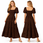 Robe longue femme smockée manches bouffantes coupe fluide à volants style élégant été