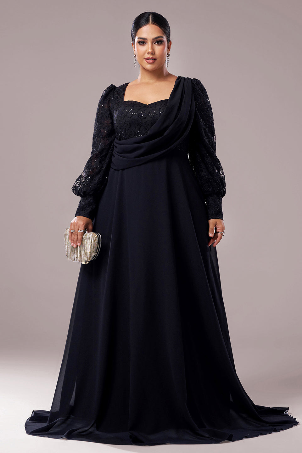 Curveins Plus Size V-Neck Long Sleeve Elegant Panel Maxi Dress