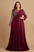 Curveins Plus Size Elegant Ruched Waist Long Sleeve Round Neck Maxi Dress