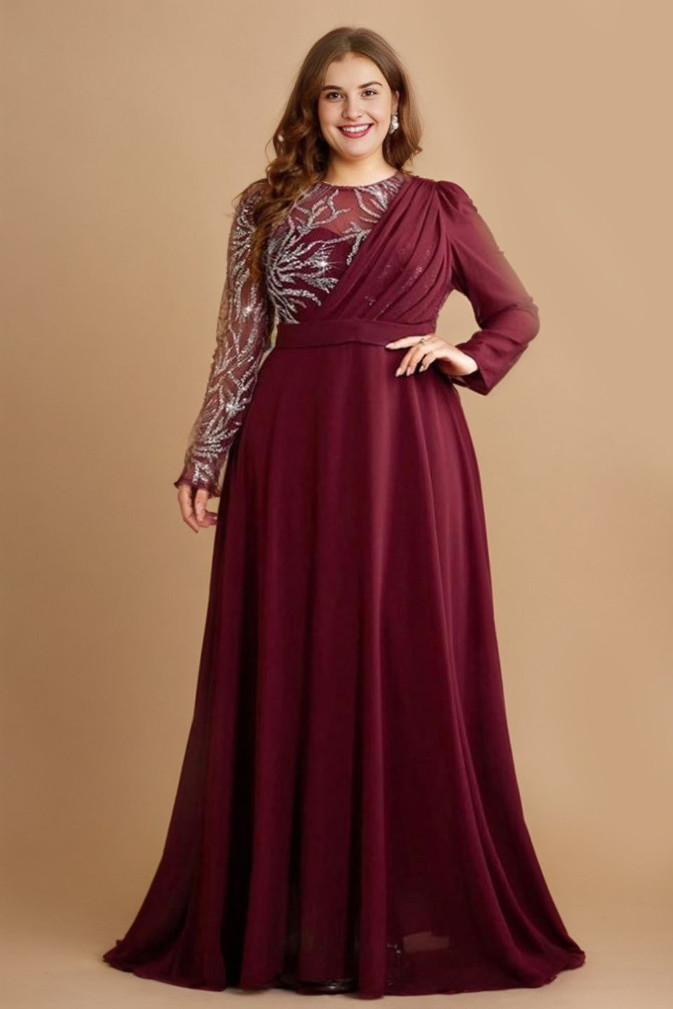 Curveins Plus Size Elegant Ruched Waist Long Sleeve Round Neck Maxi Dress