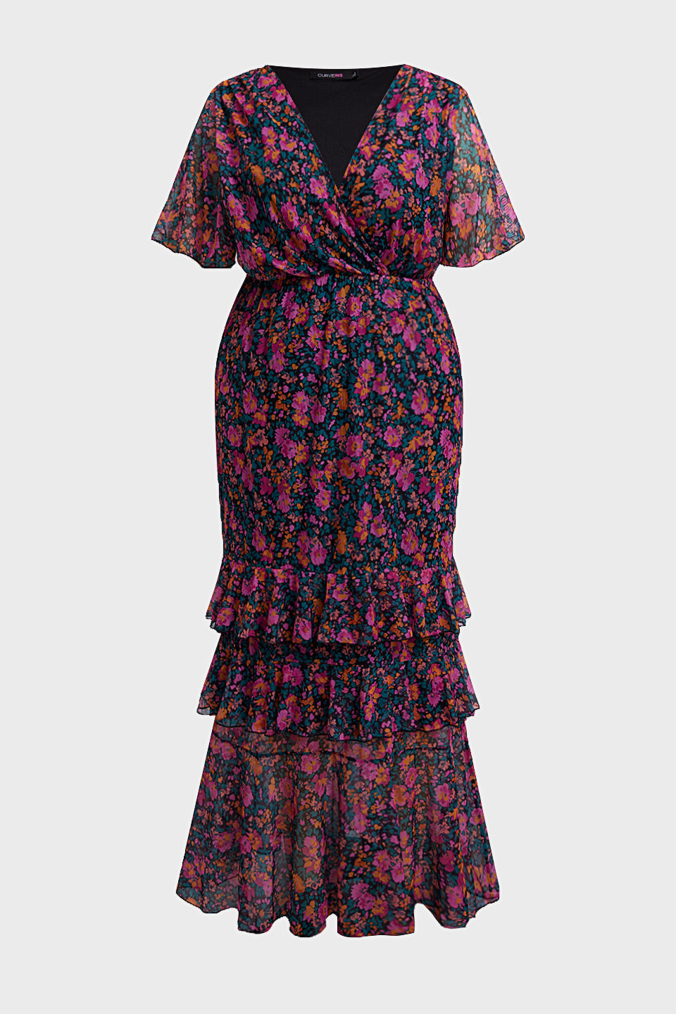 Curveins Plus Size V-Neck Batwing Sleeve Printed Maxi Dress with Ruched Detail