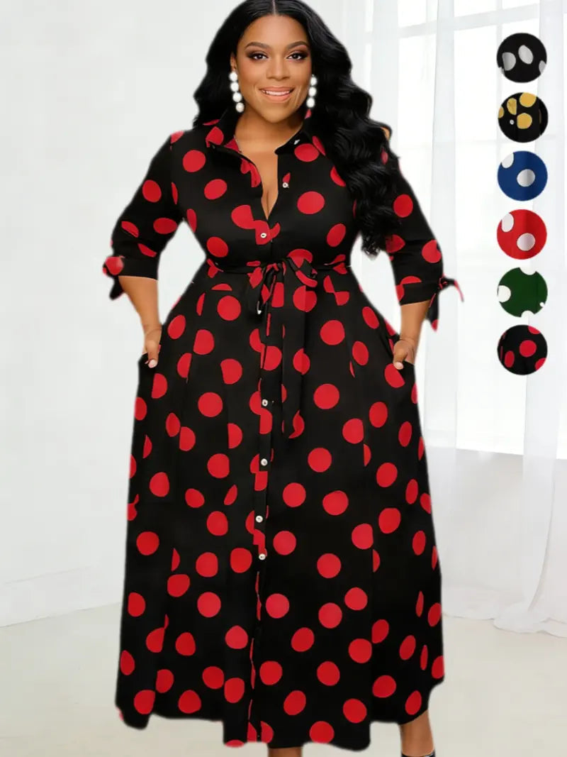 Plus-size polka-dot shirt dress with belt and front buttons