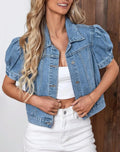 Women's Vintage Bubble Sleeve Light Wash Denim Jacket, Summer Lightweight Thin High Waist Crop Top, Casual Fashionable Fit Short Cropped Jean Coat for Women