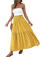 Women's Floral Casual A-Line Skirt, Elastic Waist Pockets, Leaf Hem, Long Fitted Skirt, Fashionable Mid-Length Dress
