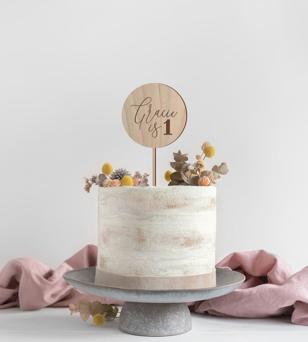 Engraved First Birthday Wood Cake Topper