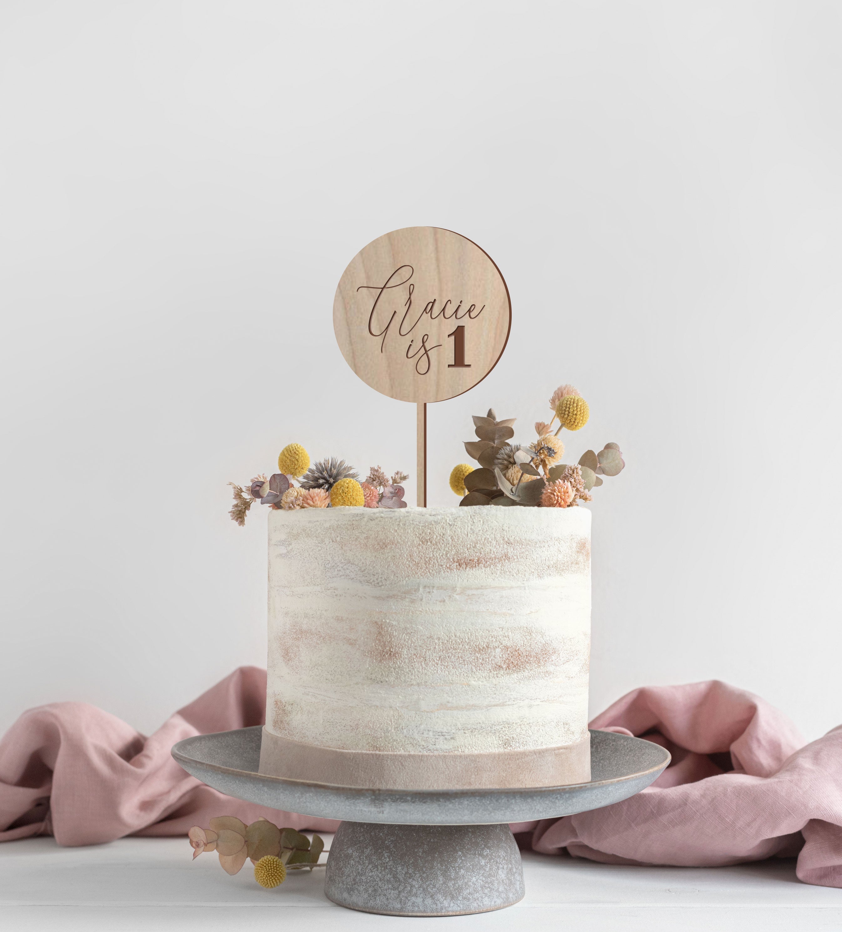 Engraved First Birthday Wood Cake Topper