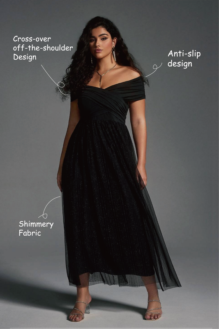 Curveins Plus Size Patchwork Mesh Off Shoulder Maxi Dress