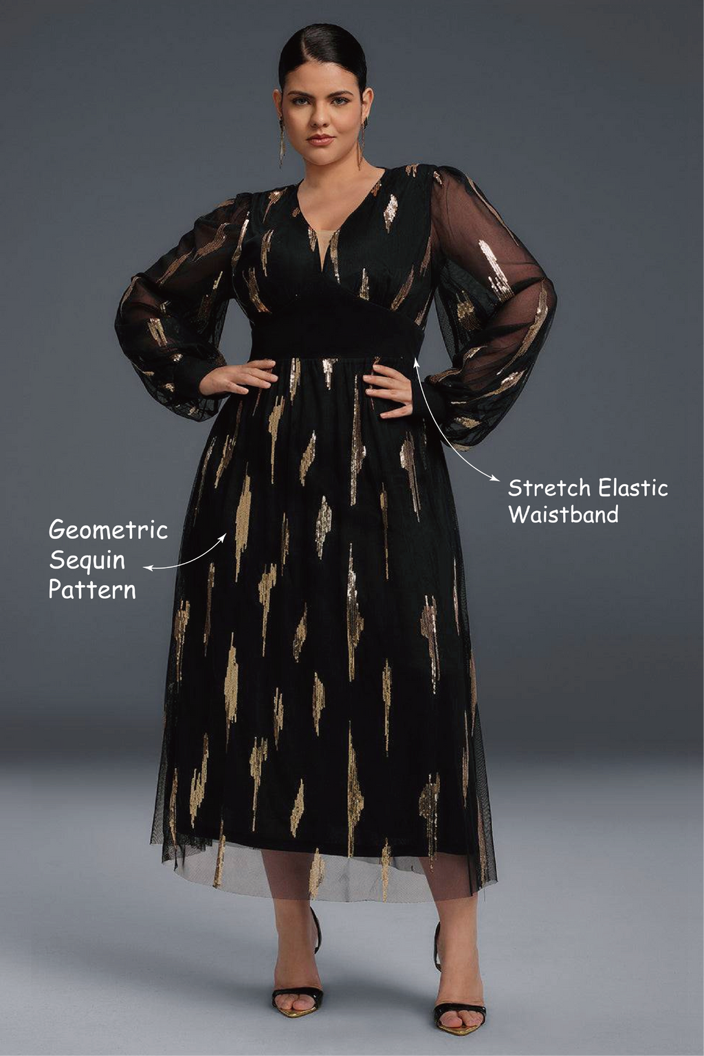 Curveins Plus Size V-Neck Sequin Long Sleeve Maxi Dress