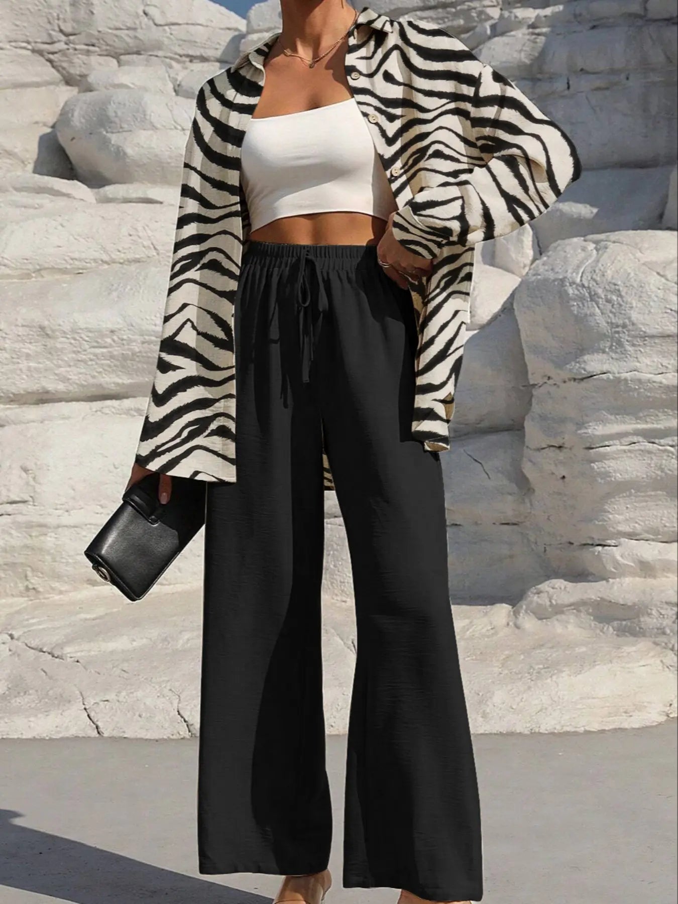 Women's Solid Button Front Shirt & Tie Front Wide Leg Pants Two-piece Set, Casual Drop Shoulder Long Sleeve Top & Trousers 2 Piece Set for Spring & Fall, Women's Clothes for Daily Wear, Casual Outfits Women