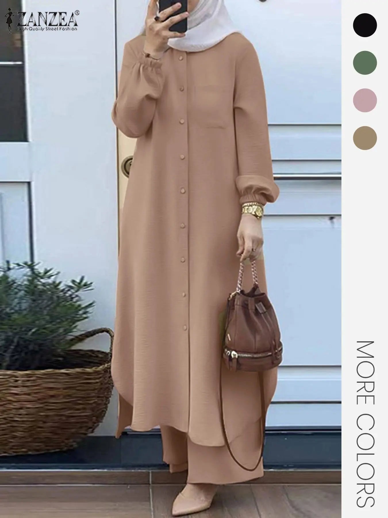 Two-Piece Set Women's Solid Color Asymmetrical Hem Button Front Longline Shirt & Wide Leg Pants, Casual Pocket Bishop Sleeve Collared Top & Elastic Waist Trousers for Fall & Winter, Women's Clothes for Daily Wear, Women's Outfit Sets