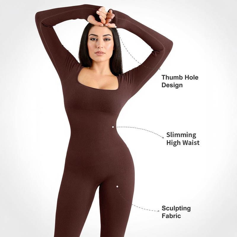 Womenswear Workout Solid Color U Neck Seamless Long Sleeve Yoga Jumpsuit,Jumpsuit for Daily Outdoor Wear,Plain Thumb Holes Sportswear