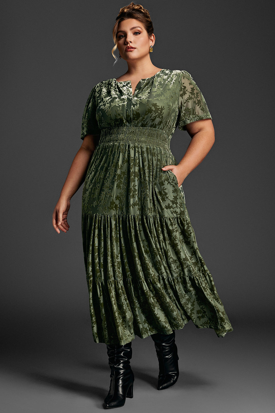 Curveins Plus Size Velvet V-Neck Ruched  Dress