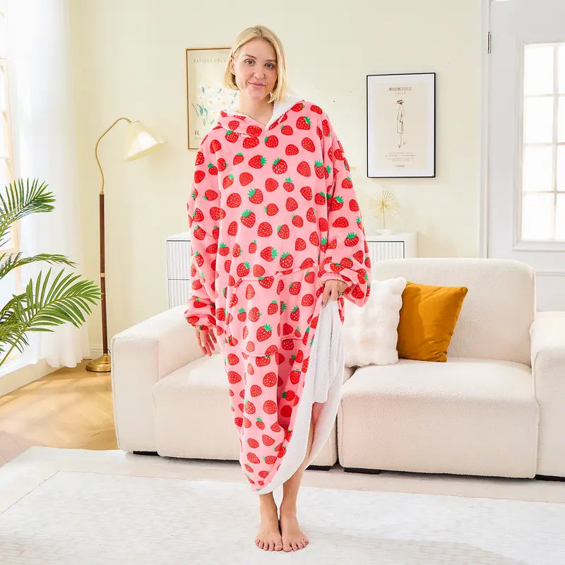 Wearable Blanket Hoodie Oversized Sherpa Fleece Hooded Sweatshirt Blanket with Sleeves,Cozy and Giant Blanket Hoodie Extra Long for Adults Women Winter Gift (Strawberry)